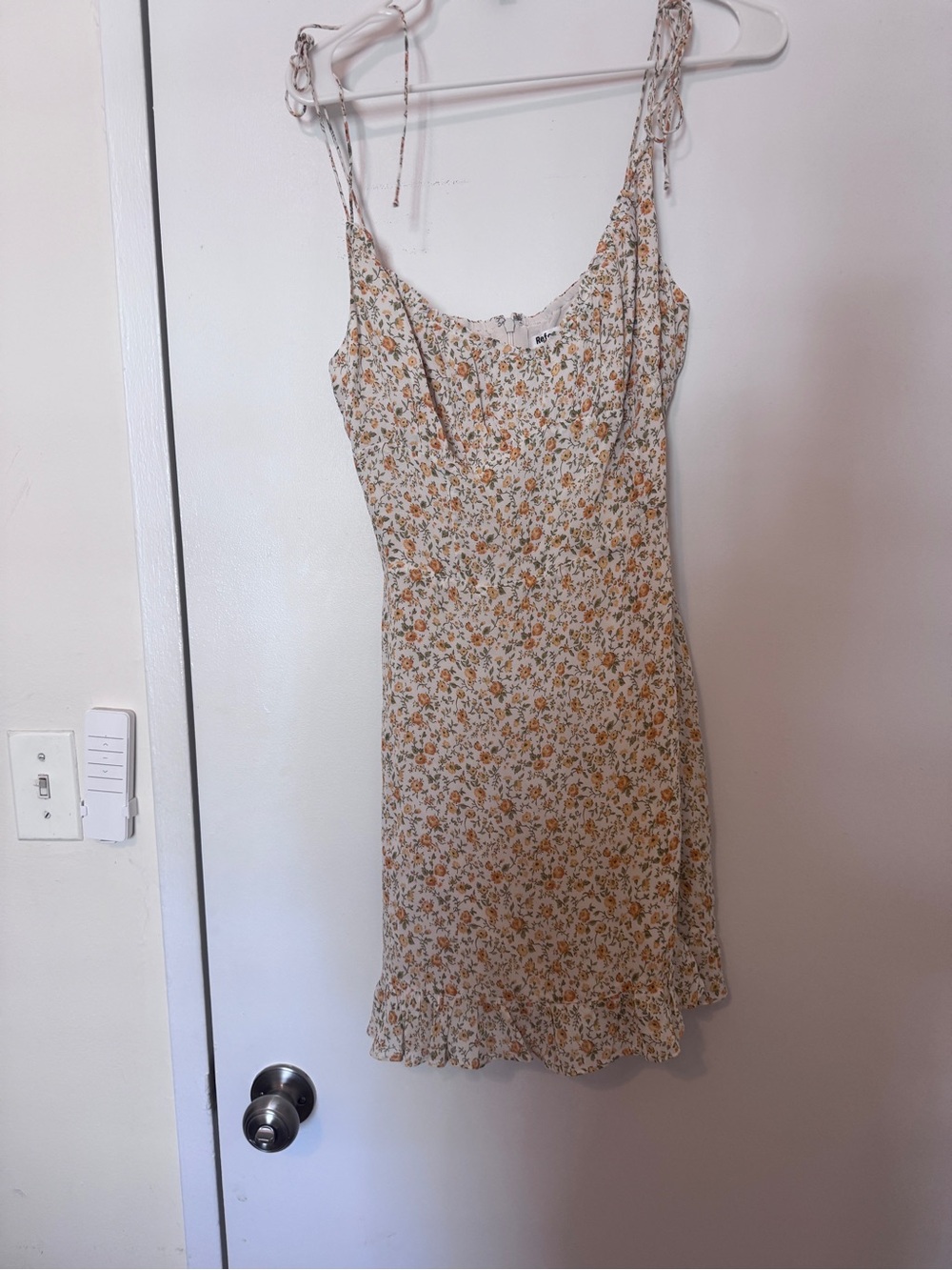 Reformation Cream Floral Tie-Shoulder Mini Dress